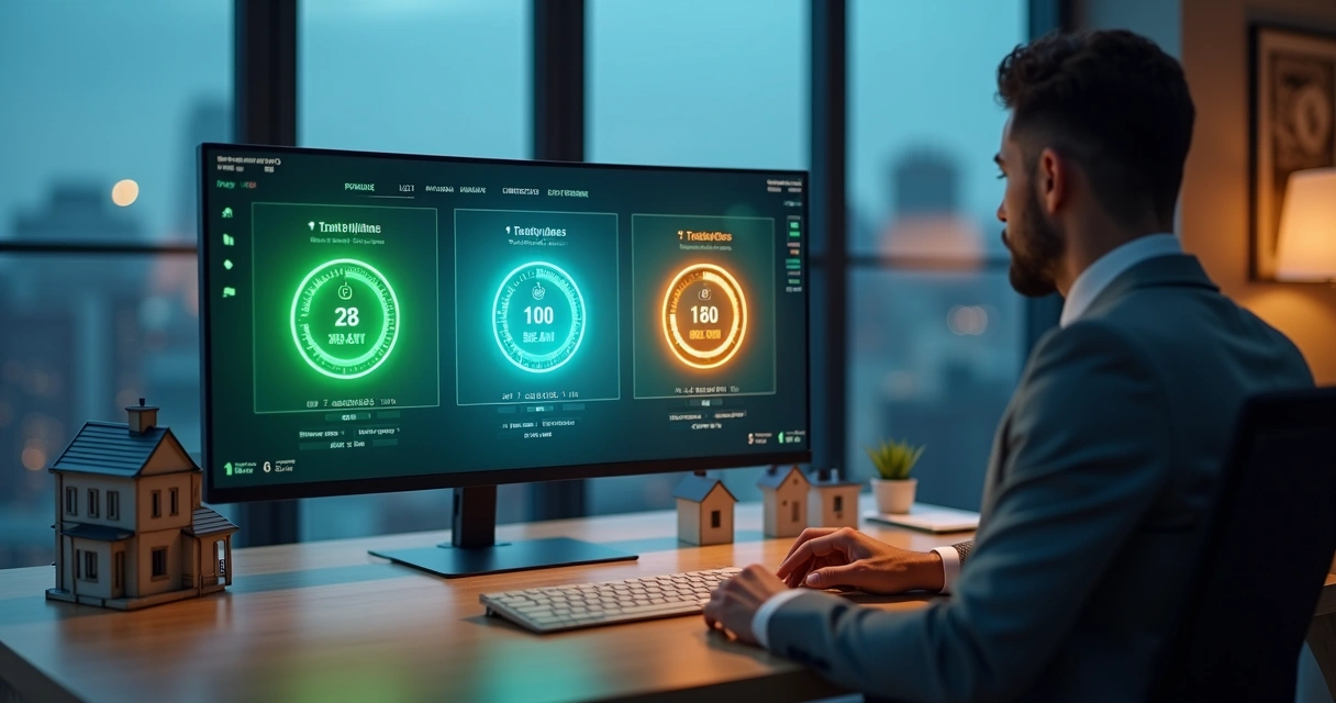 Profissional analisa dashboards com indicadores de performance comercial em escritório de imobiliária, com modelos de casas sobre a mesa e vista para a cidade ao fundo